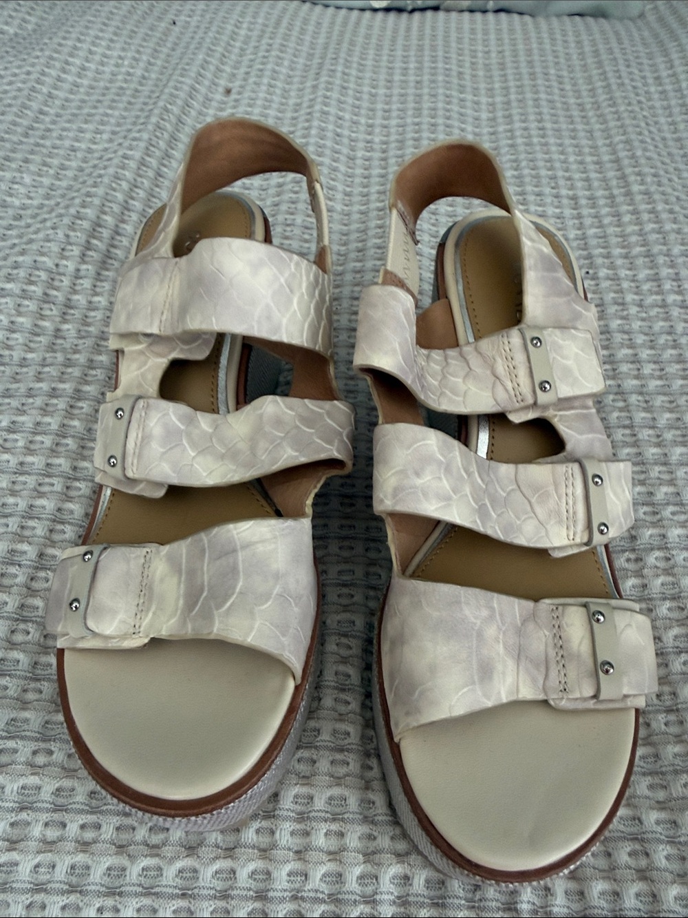 Donald J. Pliner Iris Snake-Embossed Cream Wedge Sandals - Picture 2 of 6
